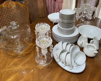 silver trim china Style House, Pedestal Cake stand, Crystal Candelabra’s 