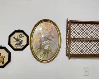 Bird prints, and wicker shelf