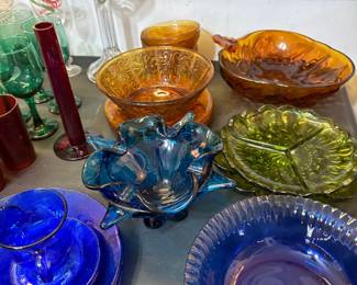 Art glass, Cobalt Blue Sunflower dishes, Relish plates, Sandwich glass