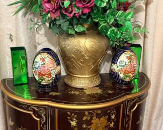 Pretty lacquer 1/2 moon painted cabinet, large vase,  Satsuma Eggs