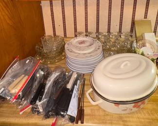 Variety of silverware flatware, Enamel roaster,  Rose dishes, Sundae glasses