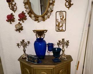 1/2 moon cabinet, cobalt blue , candle holders, wall decor