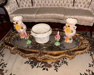 Hollywood regency coffee table, Capodimonte floral baskets, rose candle holders 