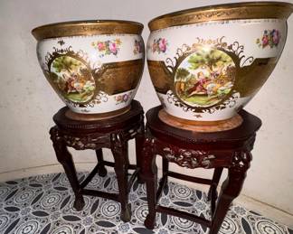 To large Asian Pictorial planters, Rosewood marble plant stands