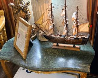 Hollywood Regency Marble top table, ship, Plaster lamp, Digital Reciever