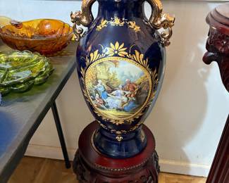 Large Limoges Style Vases, Rosewood marble stands
