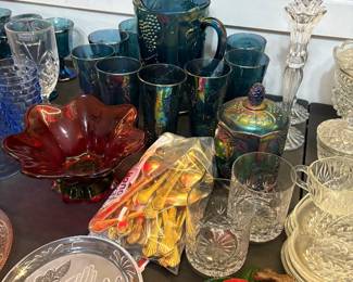 carnival glass, gold flatware