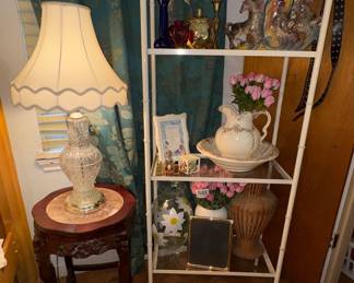 Metal bamboo look glass shelf, glass lamps, rosewood marble side tables, pitcher and bowl set, wicker vase