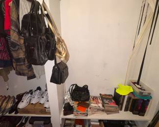 Leather purses, office supplies, folders, magazines