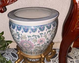 Pink & Blue large planter, wooden plant riser stand