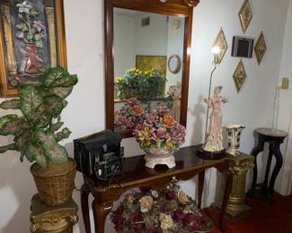Plaster Pedestals, Traditional sofa table, silk flower arrangements 