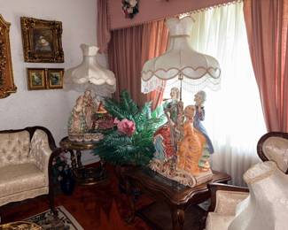 Huge Capodimonte Figural lamps, silk plants, traditional end tables 