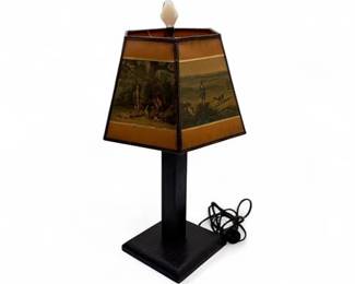 Lot 653 Vintage Lamp With Wood Pedestal Body And Hunting Scenes Shade
