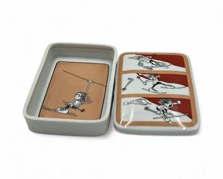 Lot 885 Vintage Ceramic Trinket Box With Whimsical Skiing Cartoons By Enesco
