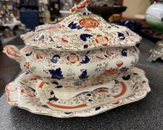Antique English ironstone lidded tureen with matching tray