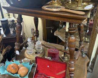 Antique Wood Table  with glass ball feet 