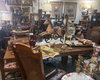 MCM TAble with 8 chairs & 4 leaves, vintage horse tricycle, framed art, lamps, dishes