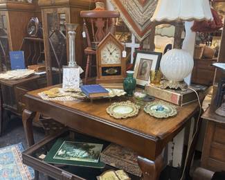 boho chic woven wall hanging, vintage white lamp, mantle clock, child's solid wood vintage chair, wooden table, vintage coffee table