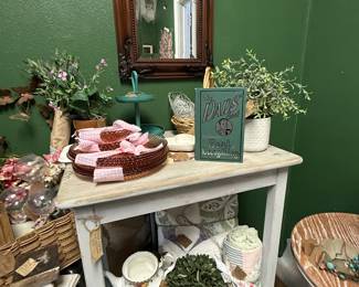 mirror, tea pot, stair woven basket