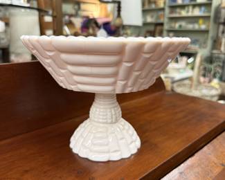 vintage Jeannette glass company shell pink milk glass footed fruit bowl in teh Louisa or "Fruit Basket" pattern