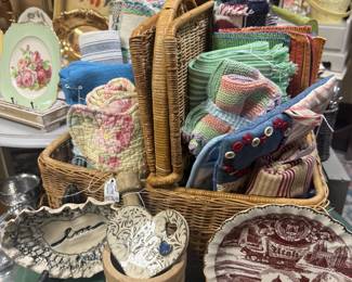 vintage picnic basket, textiles, vintage plate, serving tray, heart shaped pottery dish