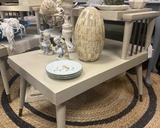 Vintage MCM Two-tiered end tables  with tapered legs and brass ferrules 