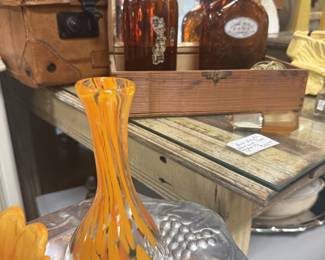 vintage glass vase, serving pieces, vintage glass bottles, table