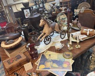 decorative lamps, prints, vintage horse tricycle, framed art