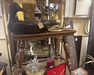 wood duck decoy, Antique Wood Table  with glass ball feet, knife set, brass vase, vinage mirror