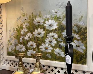 Daisy signed oil painting, black wooden candlesticks and candles