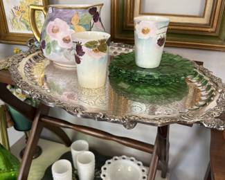 silverplate serving tray, milk glass, hand painted lemonade set