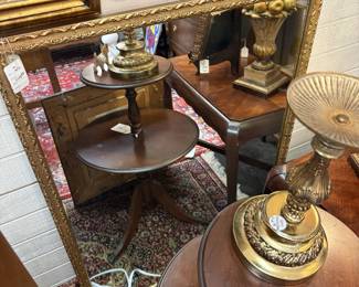 2 tiered antique table, large vintage gold tone mirror
