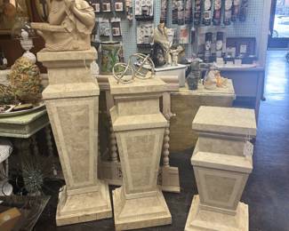 Tesselated Stone Column Pedestals, girl figurine/garden art