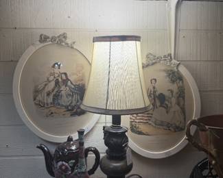 Vintage La Mode Illustree framed print featuring hand-colored fashion  journal published  between 1860-1937, lamp, wall shelf