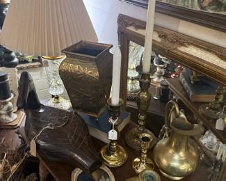 Brass candlesticks, crystal lamp, framed art