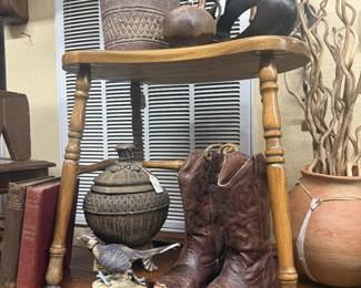 vintage cowboy boots, chair, pottery 