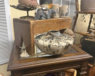 side table, birds, pottery