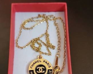 CHANEL Gold Pendant with Black Enamel Logo and Free Unbranded 18 inch Chain EUC