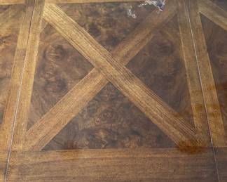 Drexel Heritage "Connoisseur Dining Table. Pictured with Set of 10 Drexel Heritage Fiddleback Dining Chairs. Table Measures 76" L x 40" D with 3 15.5" Leaves; 29" H with 26" Clearance. Photo 8 of 9. 