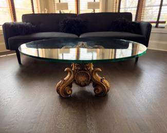        Hollywood Regency Gilt Wood Coffee Table with Glass Top. Measures 36" D x 16" H. Photo 3 of 4