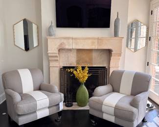 Pair of English Roll Arm Club Chairs Upholstered in Vertical "Racing Stripe" Fabric. The Sydney Chair by Barclay Butera for Lexington Home. Down Filled Cushions. Each Measures 32" W x 40" D. Photo 1 of 4.