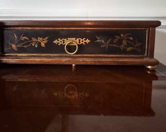 Drexel Heritage Et Cetera Collection Black Lacquer Sideboard with Hand-Painted Asian Garden Theme. Measures 78" W x 20" D x 32" H. Photo 6 of 8.