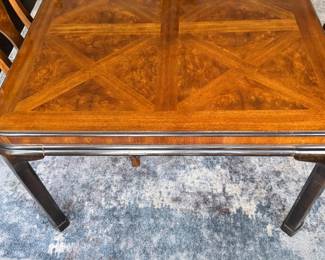 Drexel Heritage "Connoisseur Dining Table. Pictured with Set of 10 Drexel Heritage Fiddleback Dining Chairs. Table Measures 76" L x 40" D with 3 15.5" Leaves; 29" H with 26" Clearance. Photo 6 of 9. 