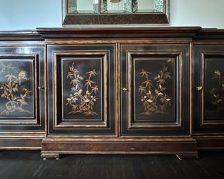 Drexel Heritage Et Cetera Collection Black Lacquer Sideboard with Hand-Painted Asian Garden Theme. Measures 78" W x 20" D x 32" H. Photo 1 of 8. 
