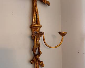 Pair of Hollywood Regency Gilded Wood "Bow Motif" Two-Arm Wall Mount Candelabra. Photo 2 of 2. 