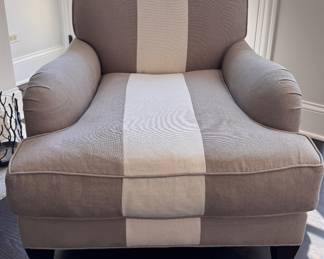 Pair of English Roll Arm Club Chairs Upholstered in Vertical "Racing Stripe" Fabric. The Sydney Chair by Barclay Butera for Lexington Home. Down Filled Cushions. Each Measures 32" W x 40" D. Photo 2 of 4. 