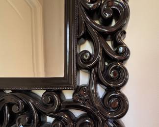 Black Lacquer Floral Carved Wood Mirror with Fleur De Lis Edges. Measures 26" x 26." Photo 2 of 2. 