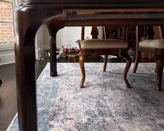 Drexel Heritage "Connoisseur Dining Table. Pictured with Set of 10 Drexel Heritage Fiddleback Dining Chairs. Table Measures 76" L x 40" D with 3 15.5" Leaves; 29" H with 26" Clearance. Photo 5 of 9. 