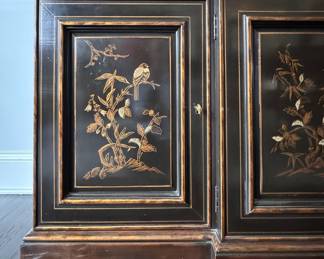 Drexel Heritage Et Cetera Collection Black Lacquer Sideboard with Hand-Painted Asian Garden Theme. Measures 78" W x 20" D x 32" H. Photo 2 of 8.