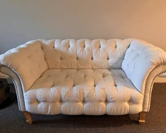 Linen Upholstered Tufted Chesterfield Loveseat. Measures 65" W x 36" D. Photo 1 of 3.